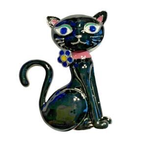 Black Enamel Cat Brooch Mod Kitschy Kitty Pin Retro Kitten Brooch Blue Eyes NEW